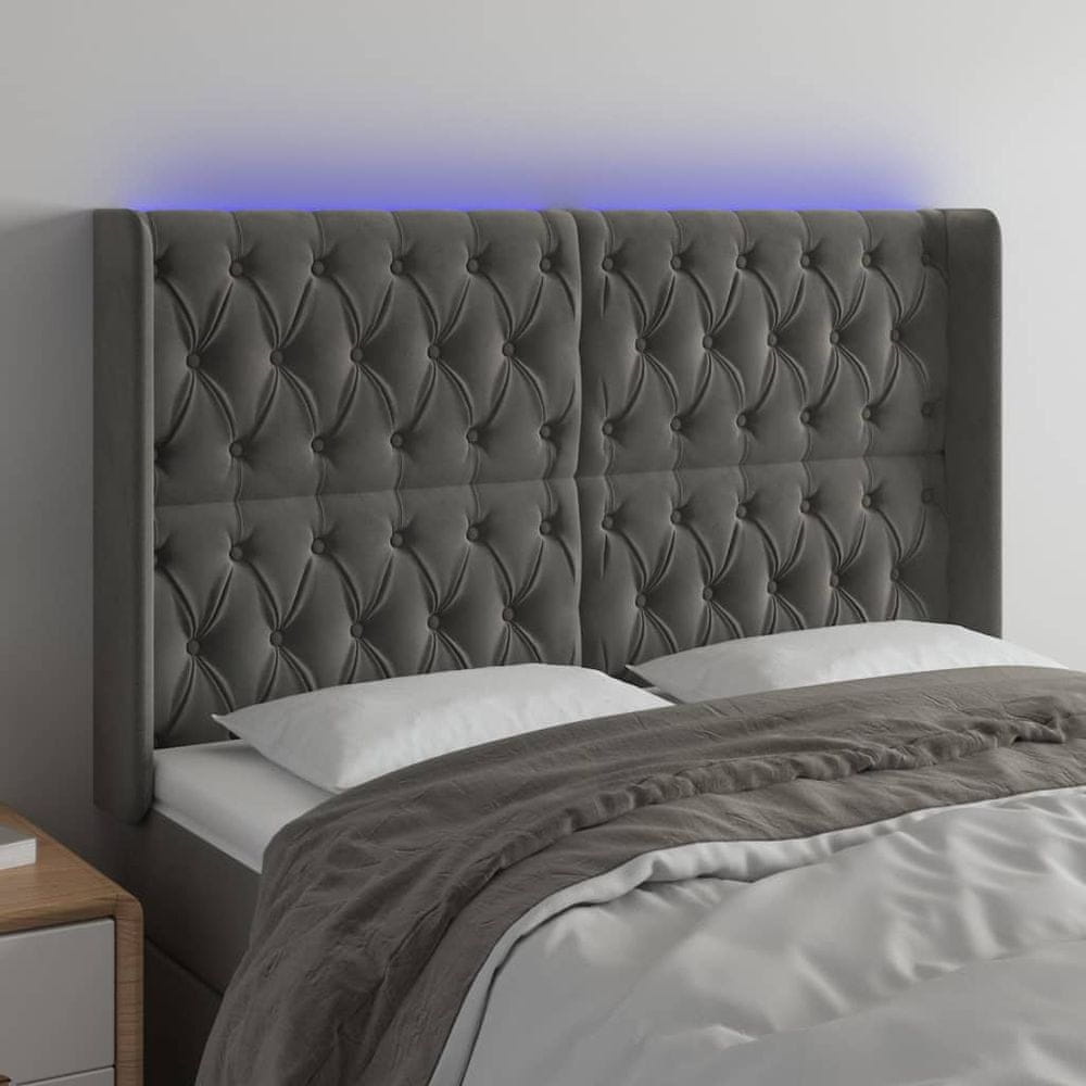 shumee Čelo postele s LED tmavosivé 163x16x118/128 cm zamat